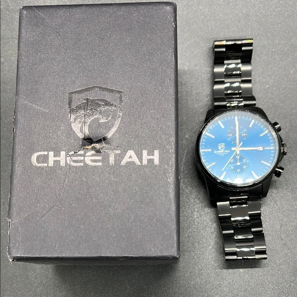 Cheetah Men's Black Stainless Steel Watch with Blue Dial Needs Battery